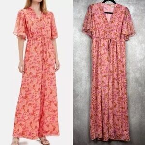 byTiMo Garden Georgette Floral Chiffon Wide Leg Jumpsuit In Pink Women's Sz XS